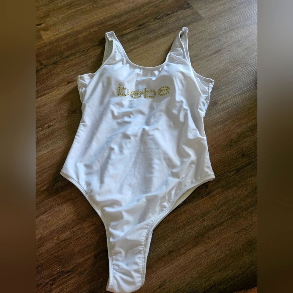 Bebe White Swimsuit with Gold Logo